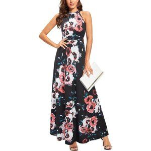 🆕Women  Orange Polyester Floral Halter Neck Maxi Dress Wedding Beach Party 2025